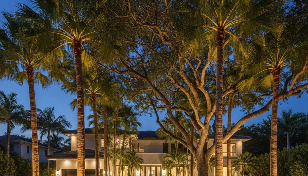 Dramatic tree uplighting design by Miami FL landscaping experts showcasing professional outdoor lighting