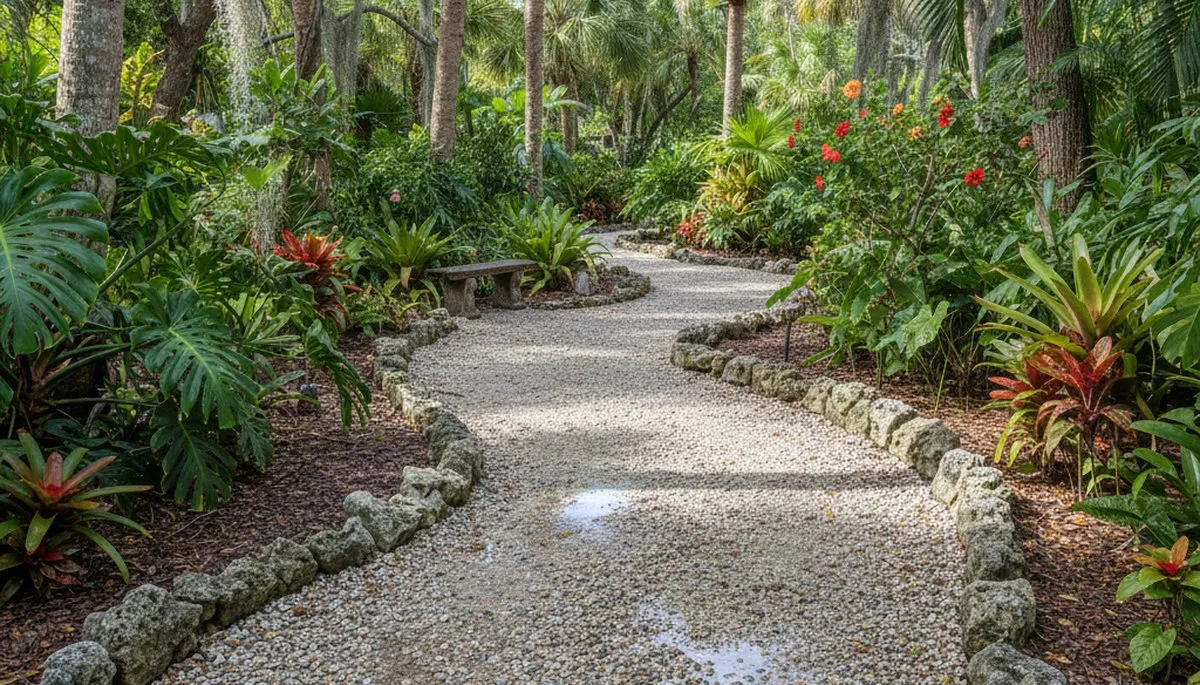 Pea gravel garden pathway design with tropical plants in Miami FL by Chop Chop Landscaping