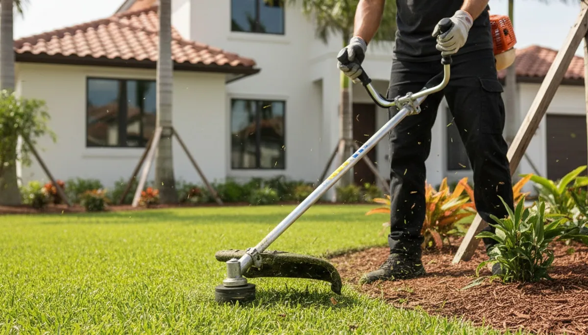 Technician performing precision string trimming on lawn edges in Miami, FL for professional landscaping maintenance